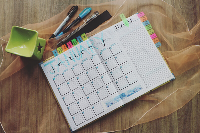Agenda planner used as content calendar and open to January